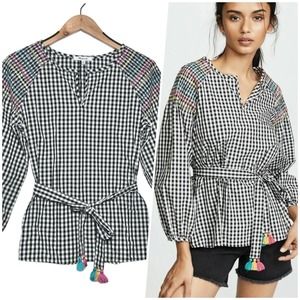Madewell | Women | Smocked Gingham Waist Tie Embroidered Top | Size XXS
